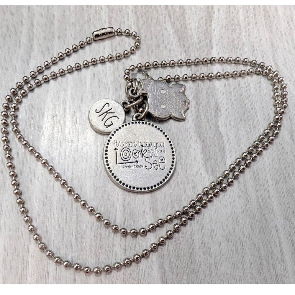 SKG Owl Inspirational Message DogTag Ball Chain Necklace 24" Silver Tone Charms